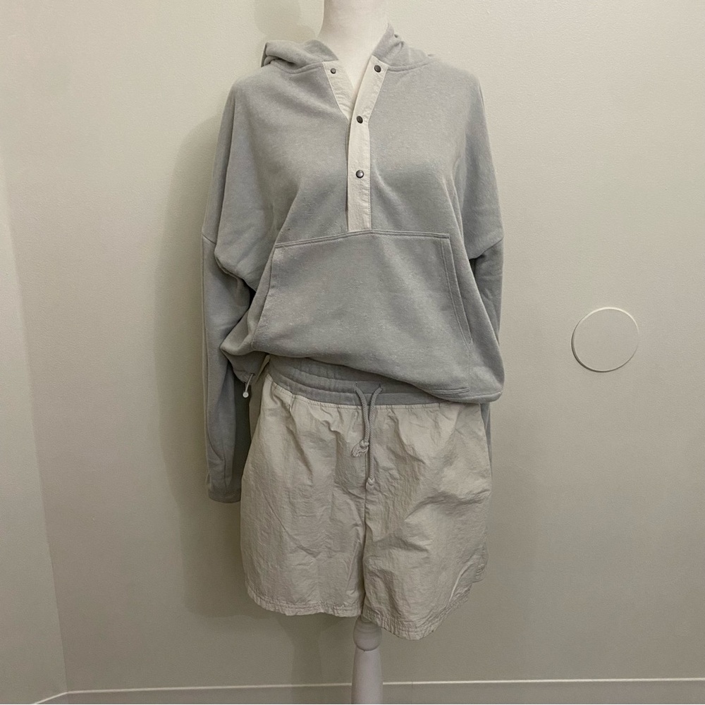Fabletics Light Gray Hoodie and Cream Shorts Set